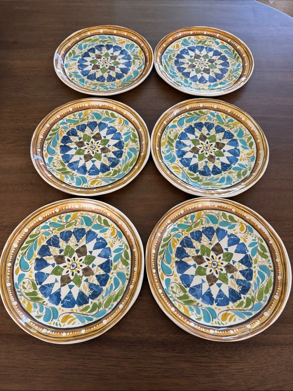 Pottery Barn Melamine Dessert/Salad  Plates in Blue, Green & Gold Set of 6